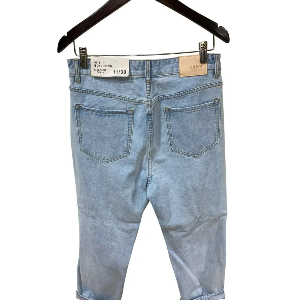 Blue Savvy Womens Distressed High-Waisted Mom Jeans Recycled Fiber Light Wash Si